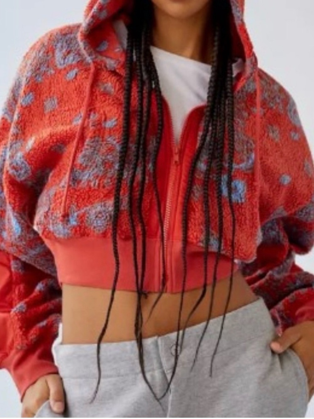 BDG Red Cropped Hooded Bomber Jacket with Blue Floral Pattern